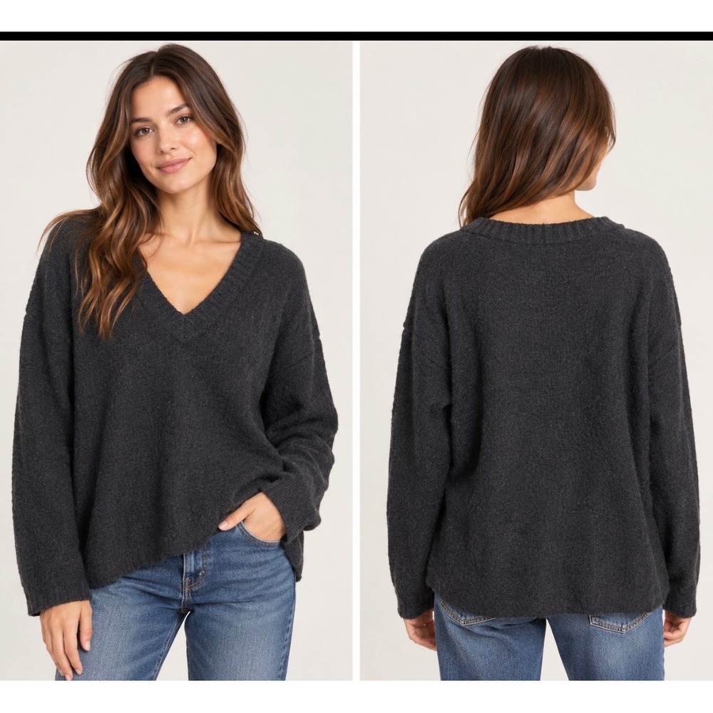 James Perse Black V-Neck Sweater Sz 1 Small Wool Cashmere Blend Oversized SOFT
